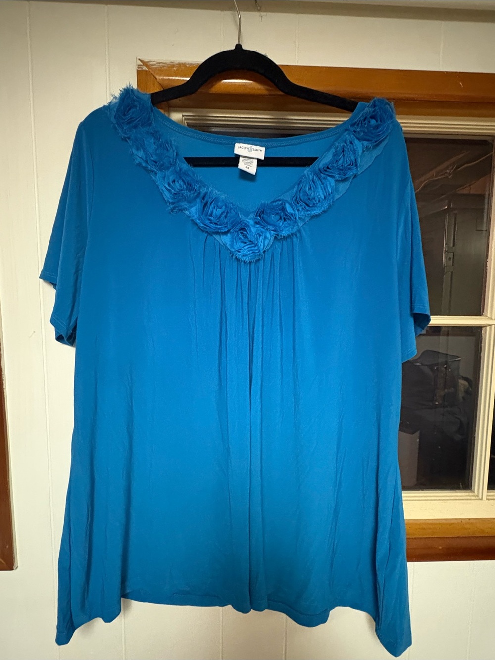 Jaclyn Smith Teal Short-Sleeve V-Neck Top with Rosette Trim